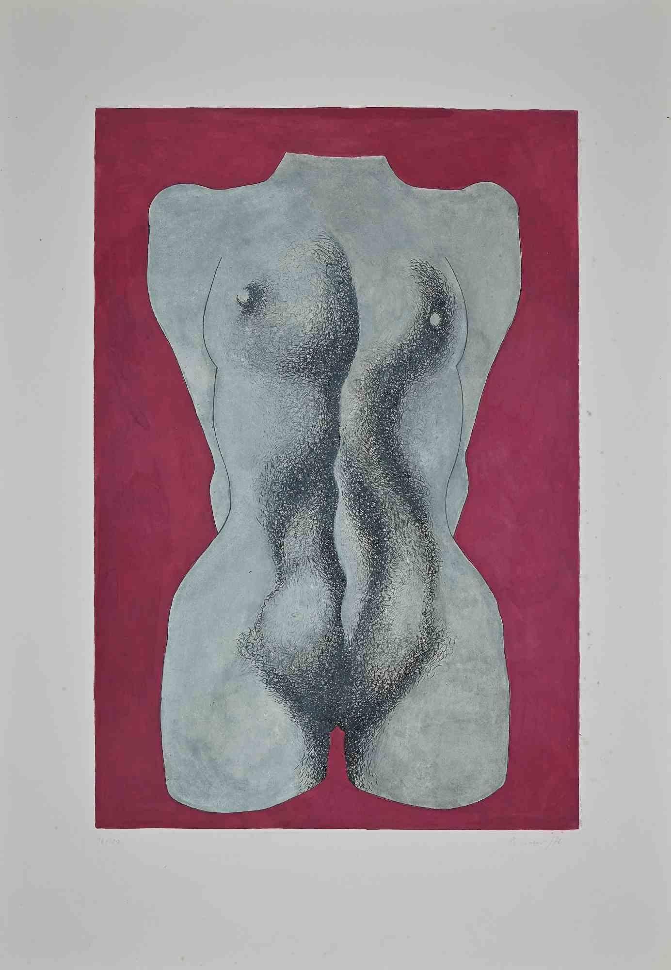 Nude is an original artwork realized by Giacomo Porzano in 1972.

Mixed colored etching.

Hand signed and dated on the lower right margin.

Numbered on the lower left. Edition of 94/100.