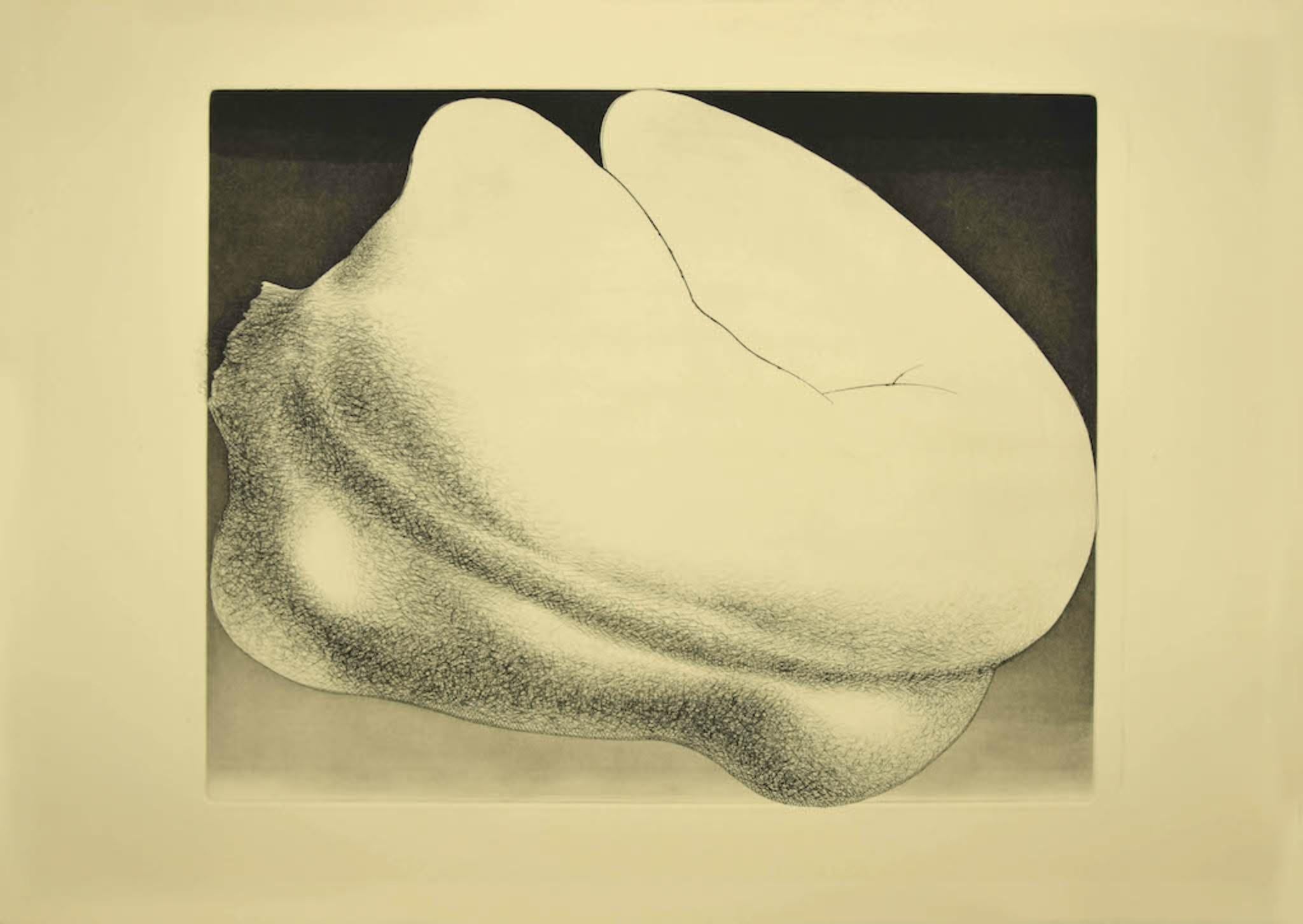 Woman from Shoulders is an etching on paper, realized by the Italian artist Giacomo Porzano (1925-2006).

In good condition.  Image Dimensions: 40 x 50 cm.

This contemporary piece representing the back of a nude woman, with strong lines and intense