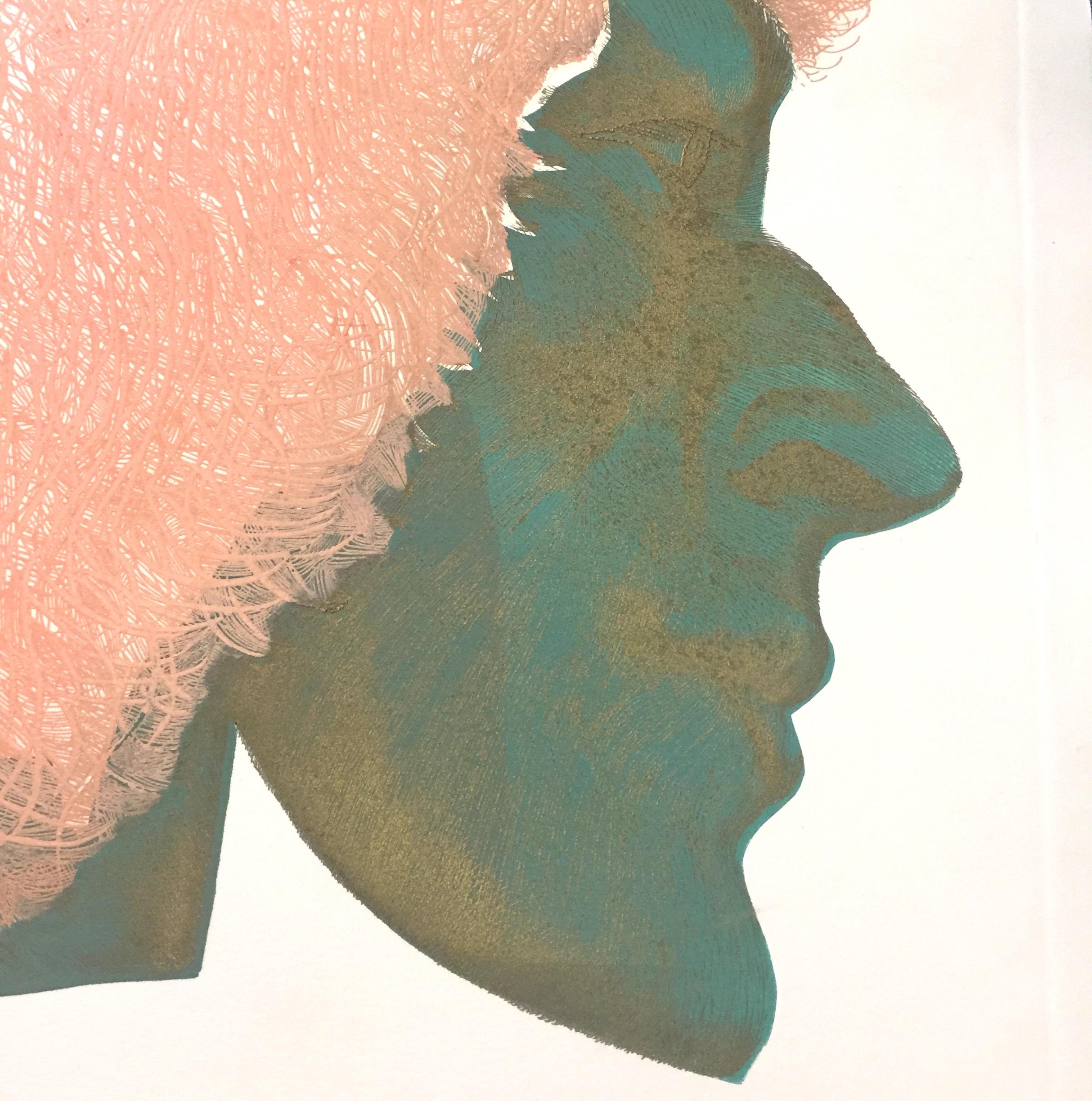 Profile in Pink and Green - Original Etching by Giacomo Porzano - 1972 1