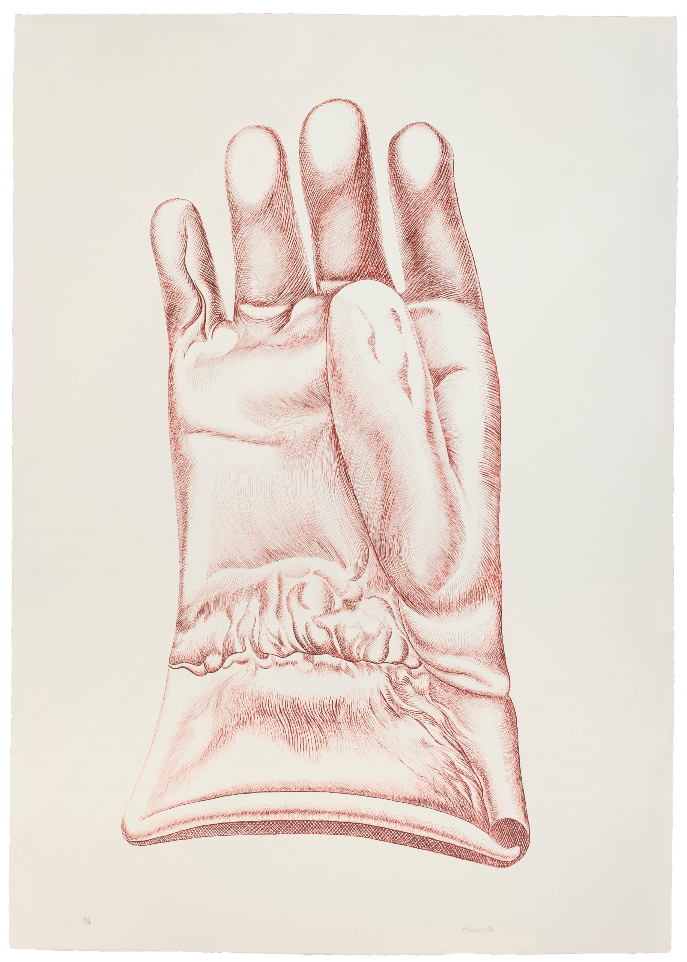 Red glove - Guanto rosso is a beautiful burnt Sienna color etching on paper, realized in 1972 by the Italian artist Giacomo Porzano (1925-2006).

Hand-signed, dated and numbered by the artist in pencil.

Edition of 4 prints.

In excellent