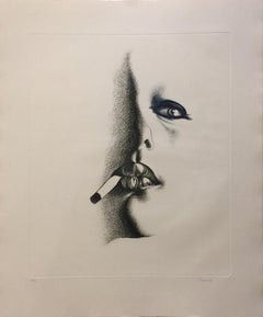 Vintage Smoker in White - Etching by Giacomo Porzano - 1972
