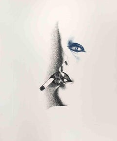 Vintage Smoker in White - Etching by Giacomo Porzano - 1972