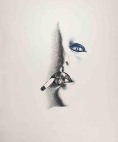 Vintage Smoker in White - Etching by Giacomo Porzano - 1972