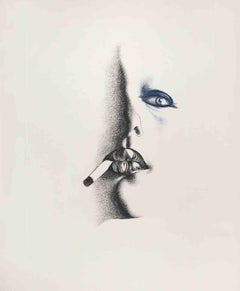 Vintage Smoker in White - Etching by Giacomo Porzano - 1972