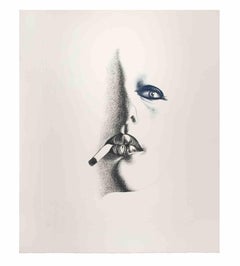Vintage Smoker in White - Etching by Giacomo Porzano - 1972