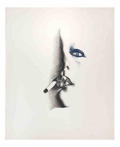 Vintage Smoker in White - Etching by Giacomo Porzano - 1972