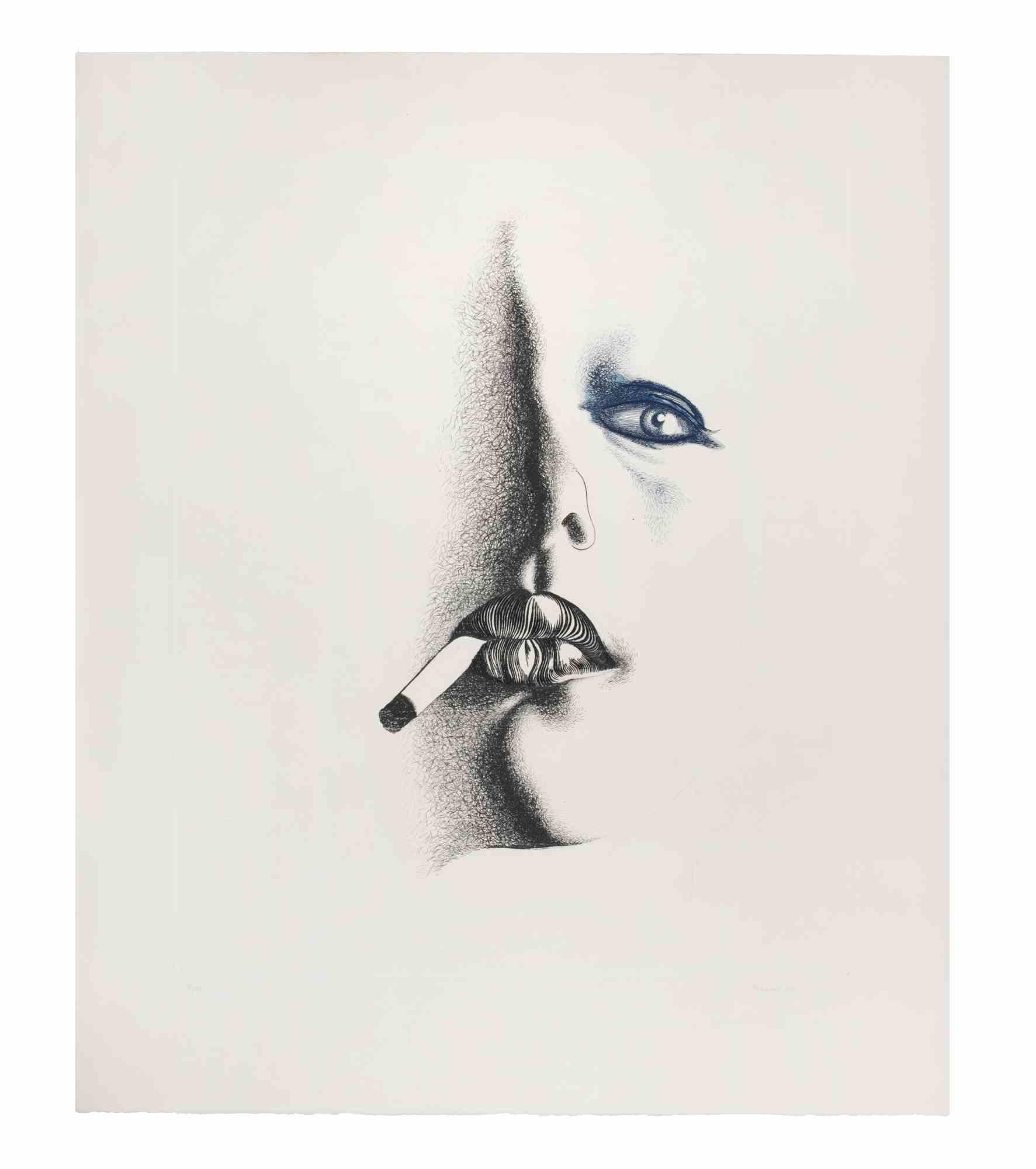 Smoker in Weiß – Radierung von Giacomo Porzano – 1972