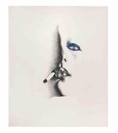 Vintage Smoker in White - Etching by Giacomo Porzano - 1972