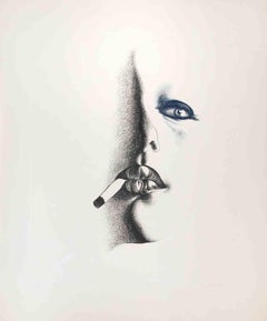 Vintage Smoker in White - Original Etching by Giacomo Porzano - 1972