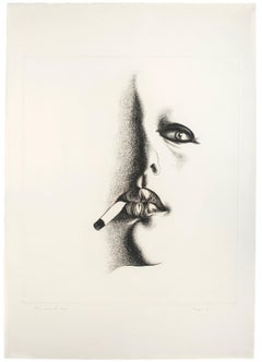 Smoker in White - Original Etching by Giacomo Porzano - 1972