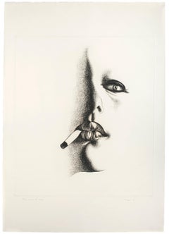 Vintage Smoker in White - Original Etching by Giacomo Porzano - 1972
