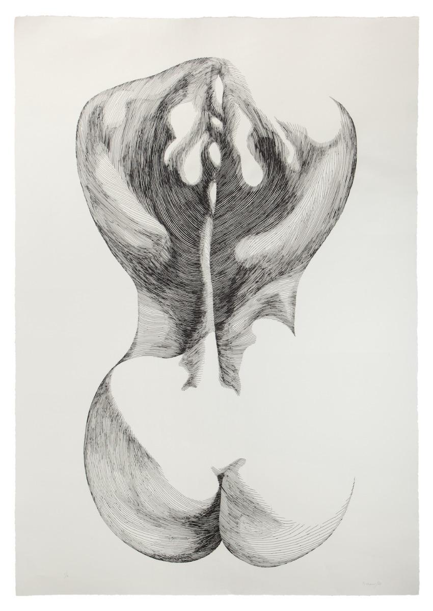 Woman from Shoulders ist eine Radierung auf Papier, die der italienische Künstler Giacomo Porzano (1925-2006) geschaffen hat.

Rechts unten handsigniert.

Nummerierte Ausgabe, I/X.

In gutem Zustand 

Dieses zeitgenössische Werk stellt den Rücken