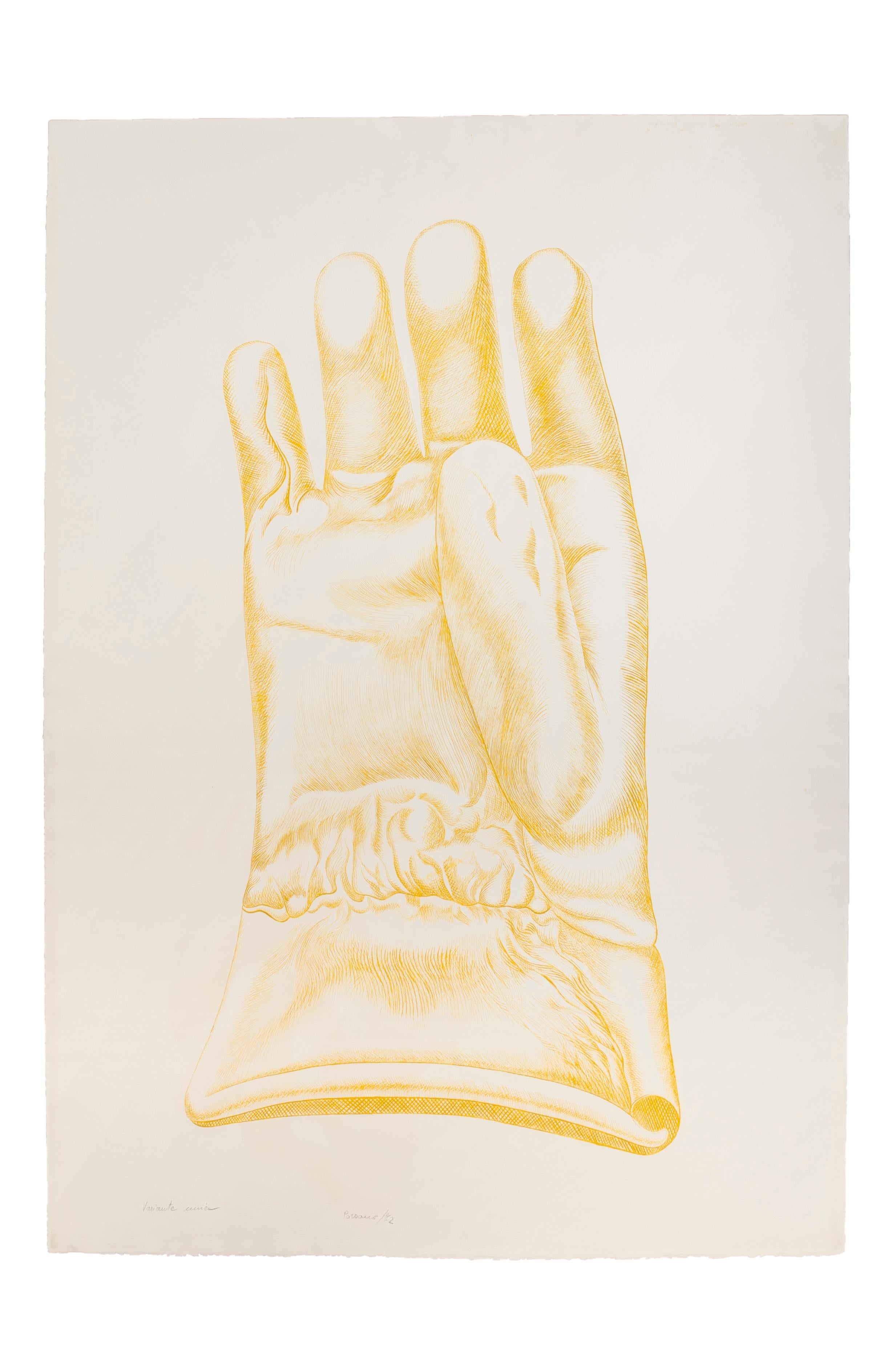 Yellow glove - Guanto giallo is a beautiful color etching on paper, realized in 1972 by the Italian artist Giacomo Porzano (1925-2006).
This is the precious unique variant, as the pencil inscriptions report on the lower margin: "Variante unica /