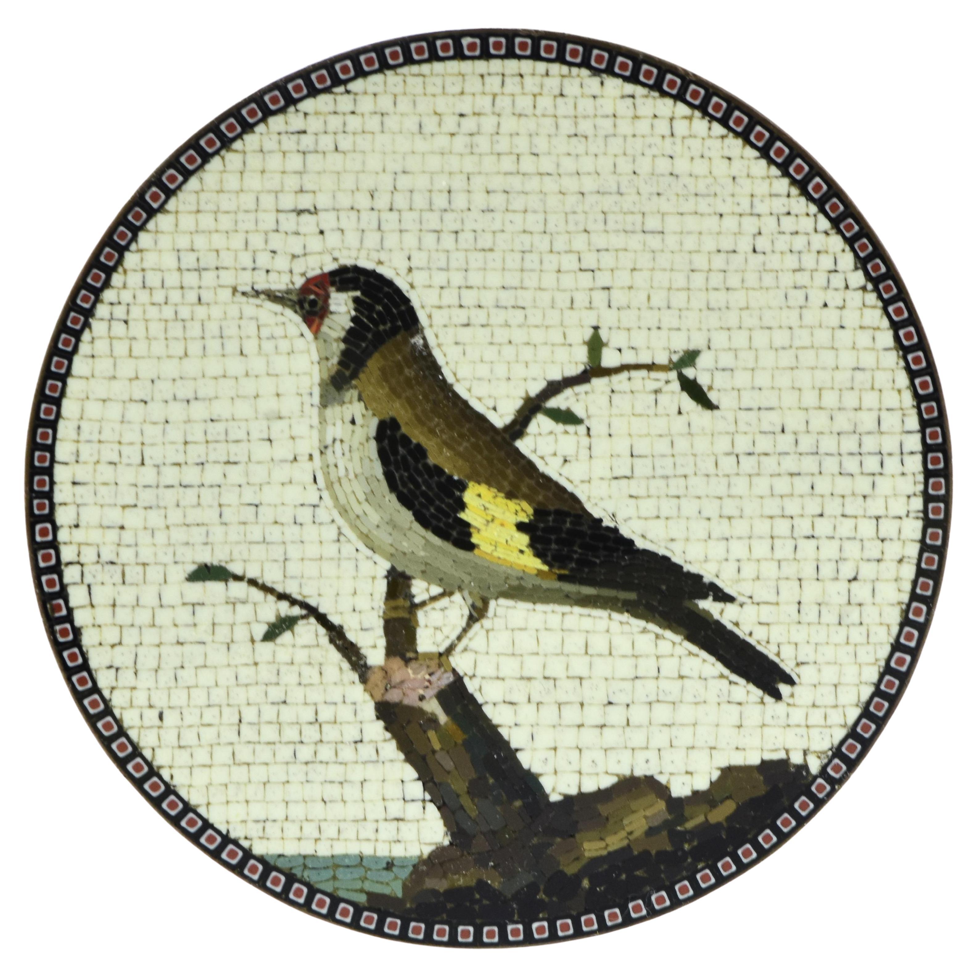 Rarísima placa de micromosaico del siglo XVIII del Jilguero. Esta placa circular mide 5 cm de diámetro, el micromosaico está engastado en cobre. En el reverso, la pieza está firmada en letra cursiva (profunda y claramente) Giacomo Raffaelli fece