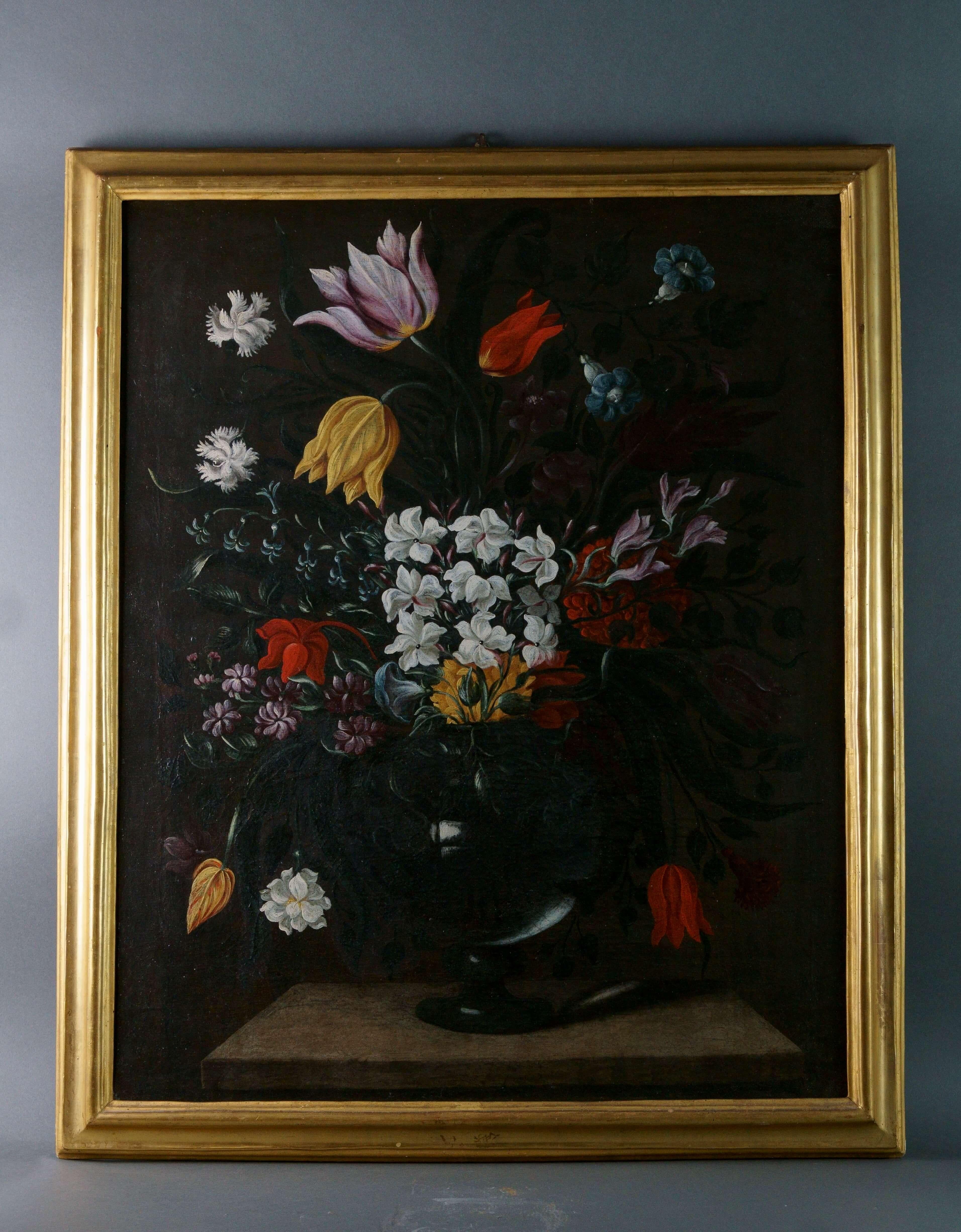 Natura Morta Napoletana 'Blumen in einem Glaskrug' Öl auf Leinwand im Rahmen – Painting von Giacomo Recco (Naples 1603 - before 1653)