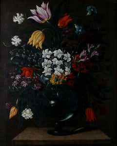 Neapolitan Still Life "Flowers in a Glass Jug" Oil on Canvas in Frame