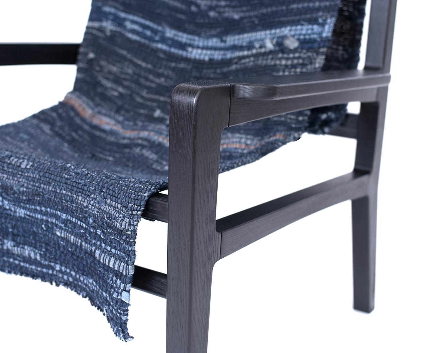 American Giacomo Sling Chair, Blackened Ash and Woven Denim Seat For Sale