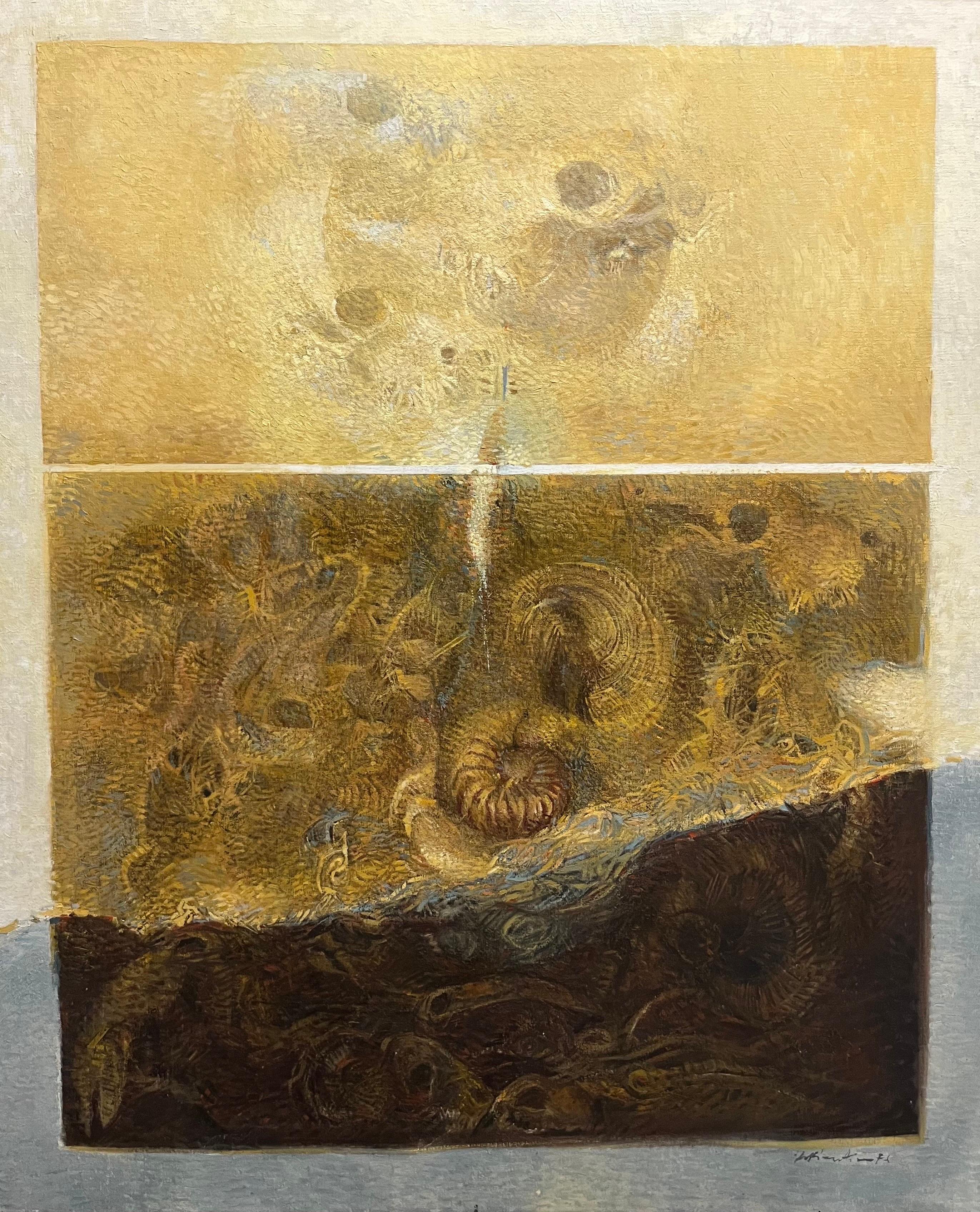 Giacomo Soffiantino Abstract Painting - "Fossils and shells" Oil cm. 100 x 120 Yellow, Brown  1960
