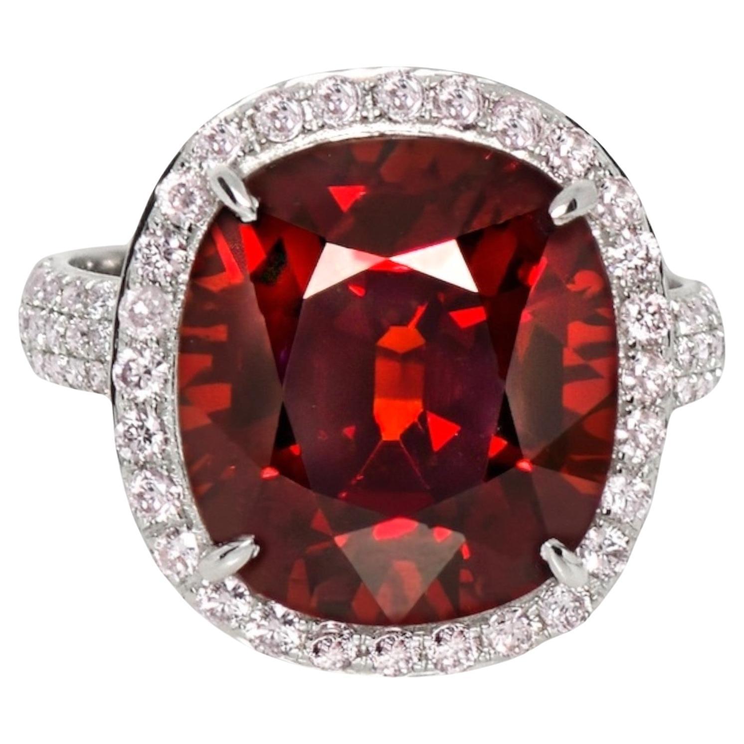 GIA 11.34 Ct 14K White Gold Pigeon Blood Red Garnet&Pink Diamond Engagement Ring