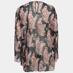 Giamba Black Feather-Floral Print Chiffon Ruffled Blouse L