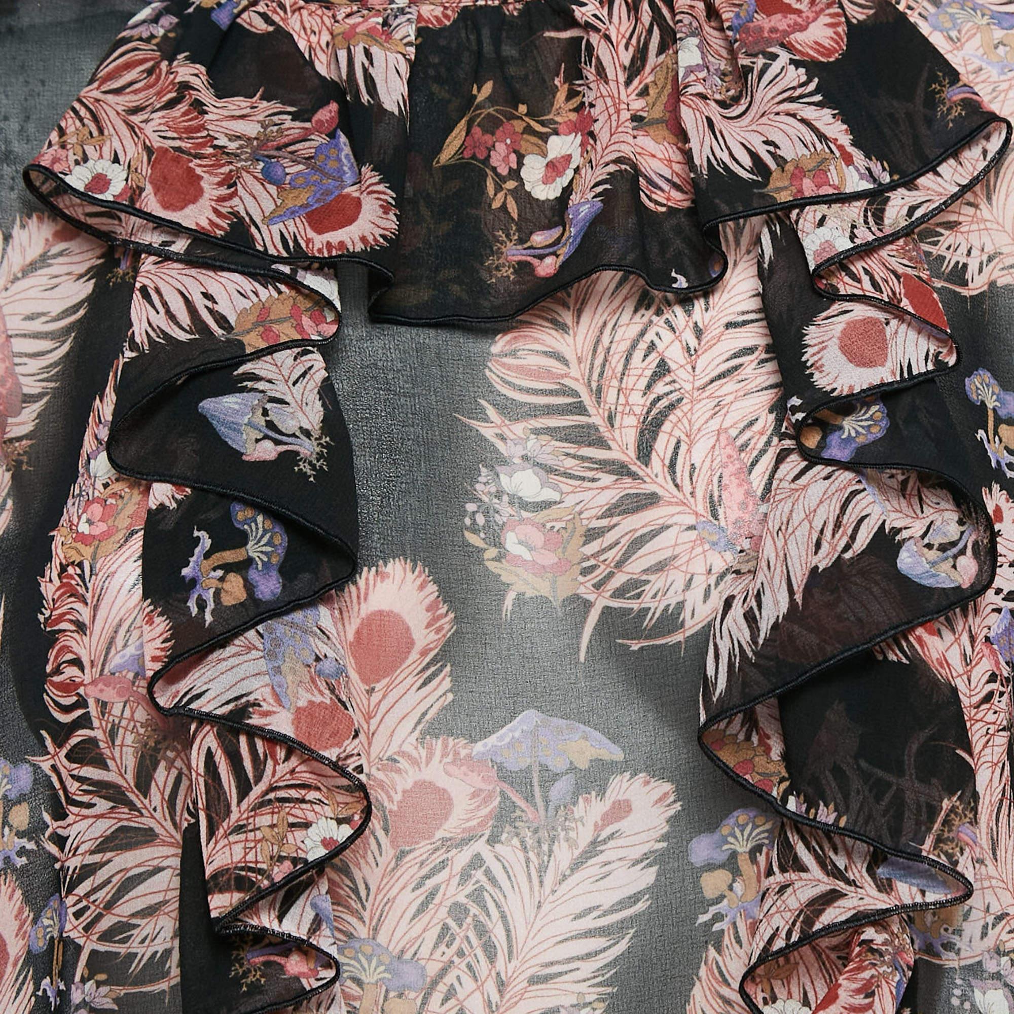 Giamba Schwarze Chiffon-Bluse mit Feder-Blumen-Print und Rüschen L im Zustand „Neu“ im Angebot in Dubai, Al Qouz 2