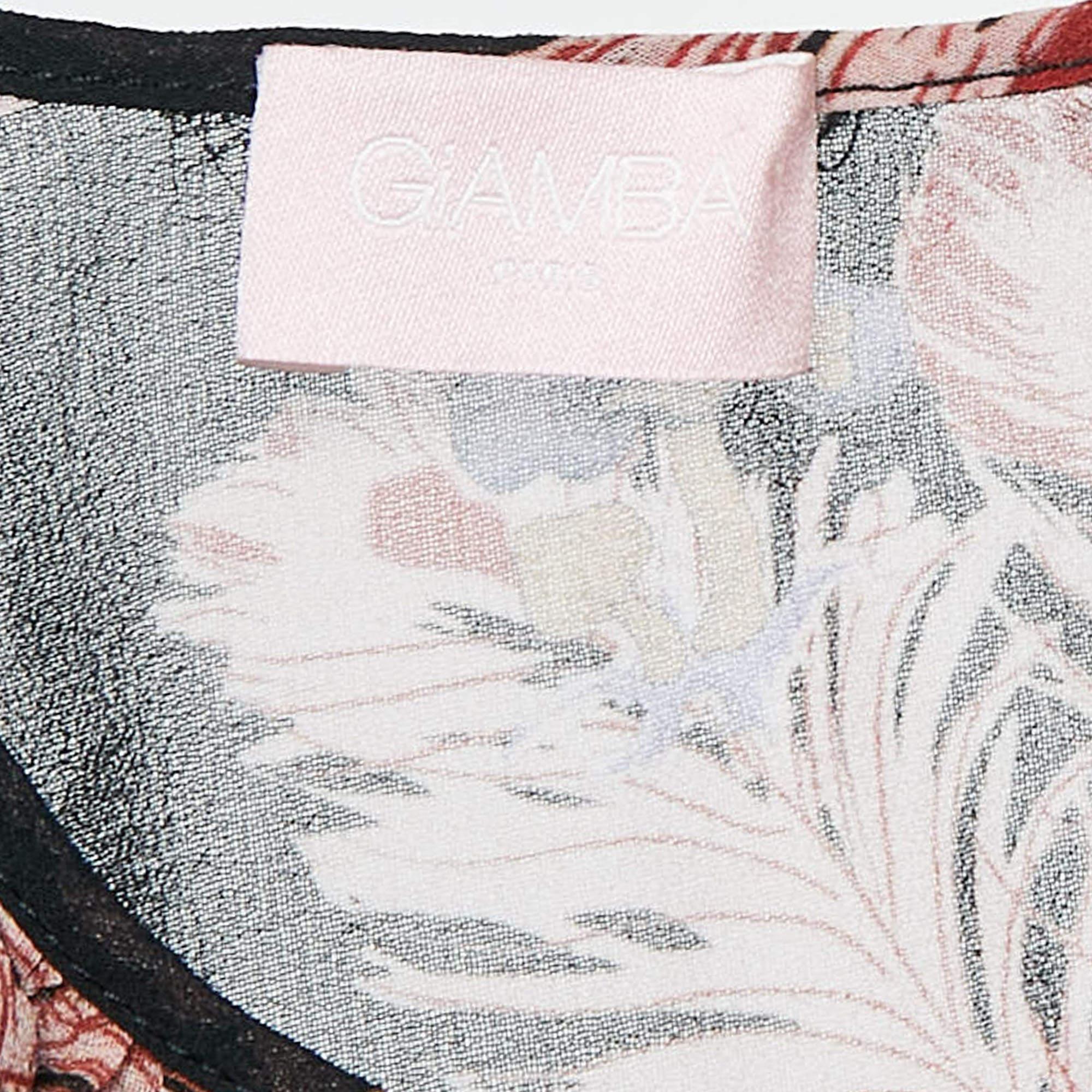Giamba Schwarze Chiffon-Bluse mit Feder-Blumen-Print und Rüschen L Damen im Angebot
