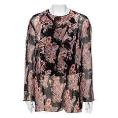 Giamba Black Floral Printed Chiffon Ruffle Trimmed Blouse L
