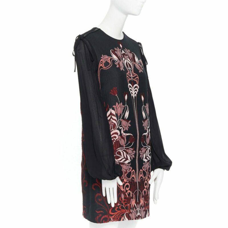 Black GIAMBA GIAMBATTISTA VALLI black red floral loque semi sheer sleeves dress XXS For Sale