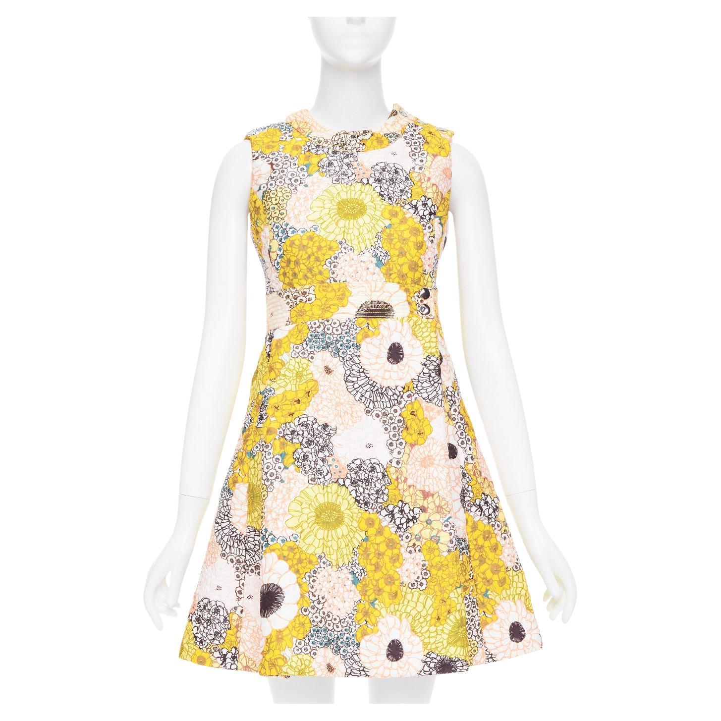 GIAMBA GIAMBATTISTA VALLI yellow white quilted floral cocktail dress IT40 XS