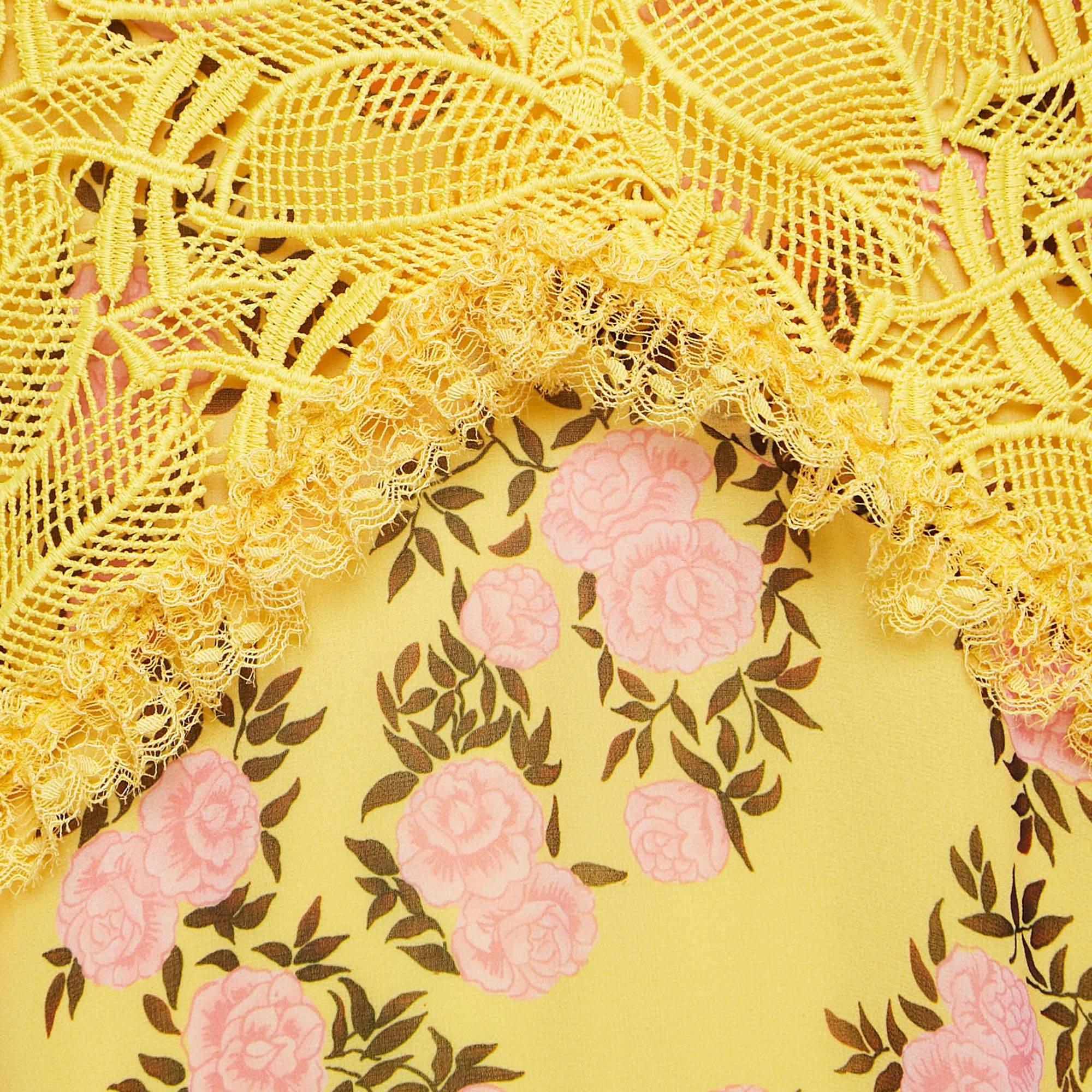 Giamba Yellow Floral Print Chiffon and Lace Cut-Out Maxi Dress M In New Condition For Sale In Dubai, Al Qouz 2
