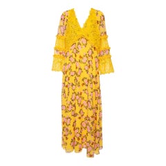 Giamba Yellow Floral Printed Chiffon 
Lace Detail Maxi Dress S