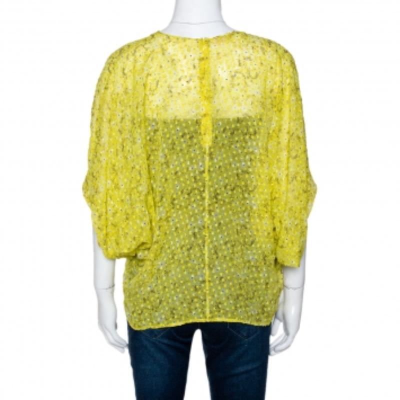 Jaune Giambatista Valli Yellow Textured Floral Print Silk Blouse XS en vente