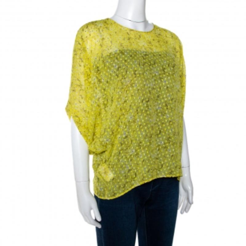 Giambatista Valli Yellow Textured Floral Print Silk Blouse XS Pour femmes en vente
