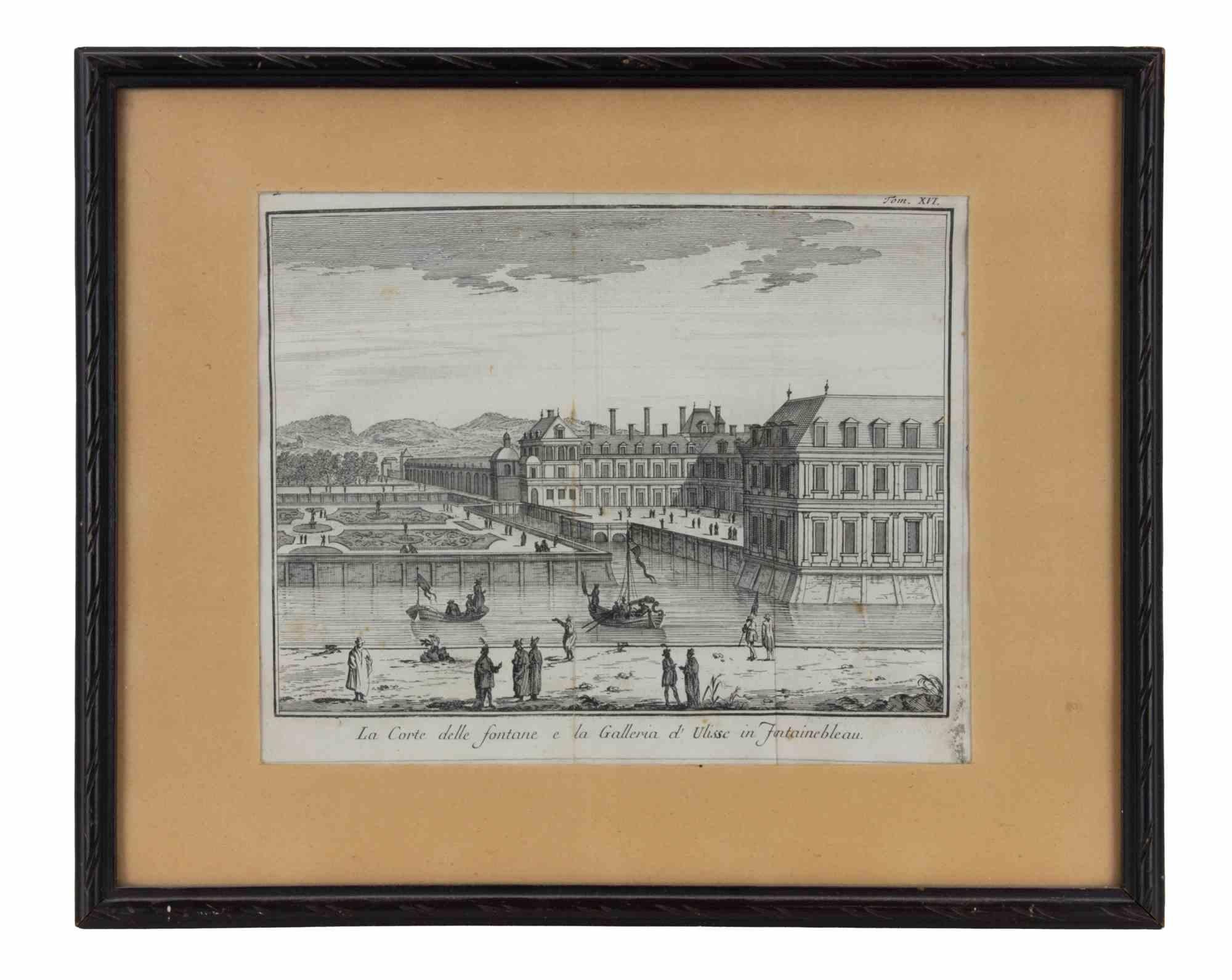 La Cour des fontaines et... - Gravure à l'eau-forte de Giambattista Albrizzi - 1745 env. en vente 1