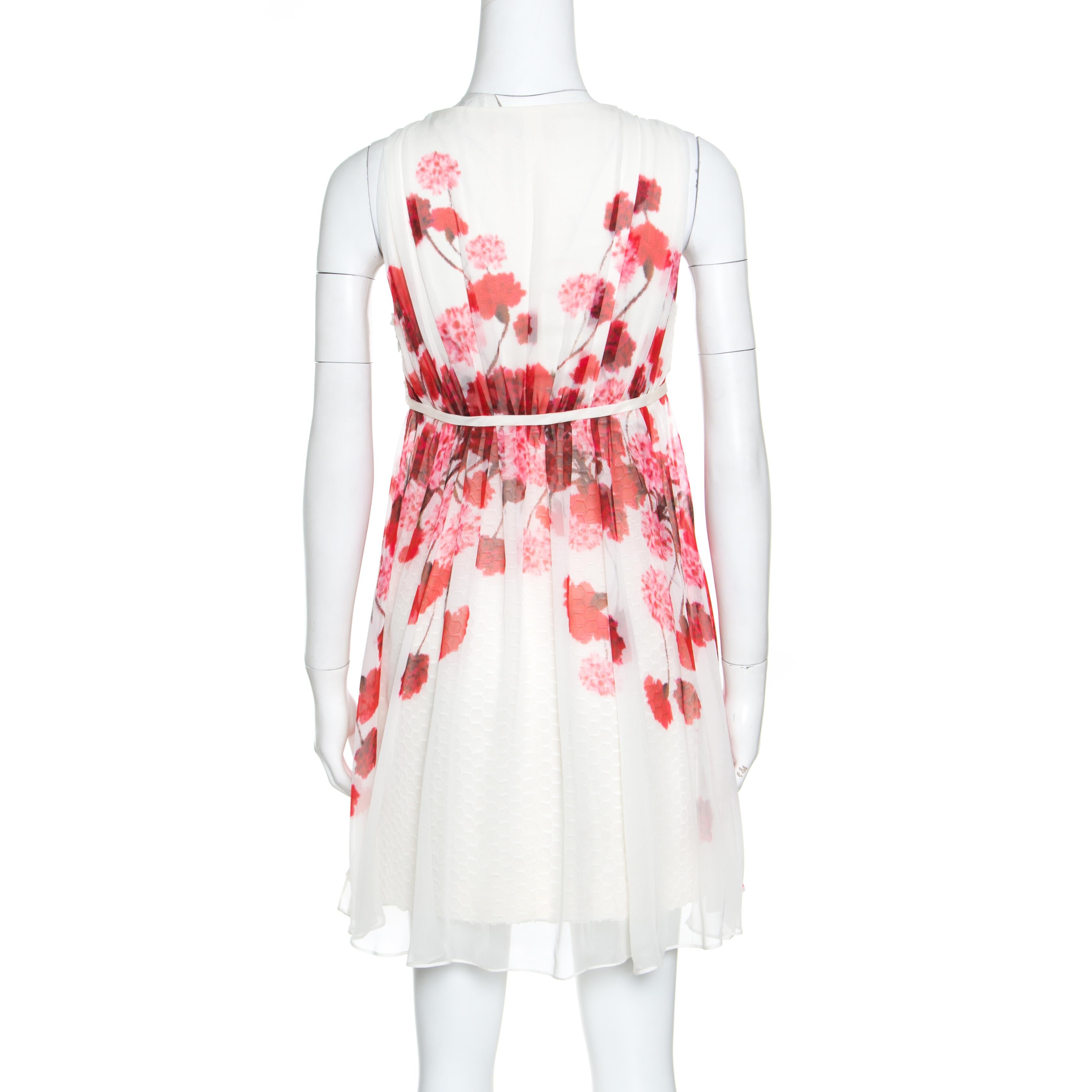 Giambattista Off White Floral Printed Silk Lace Underlay Sleeveless Dress S In Excellent Condition In Dubai, Al Qouz 2