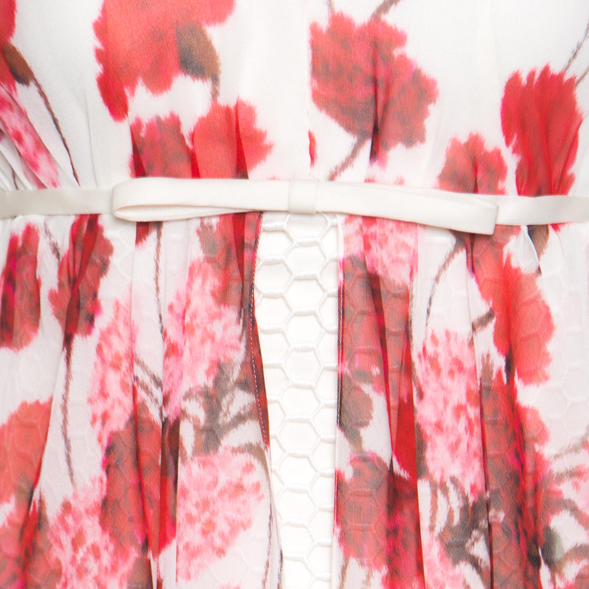 Giambattista Off White Floral Printed Silk Lace Underlay Sleeveless Dress S 2