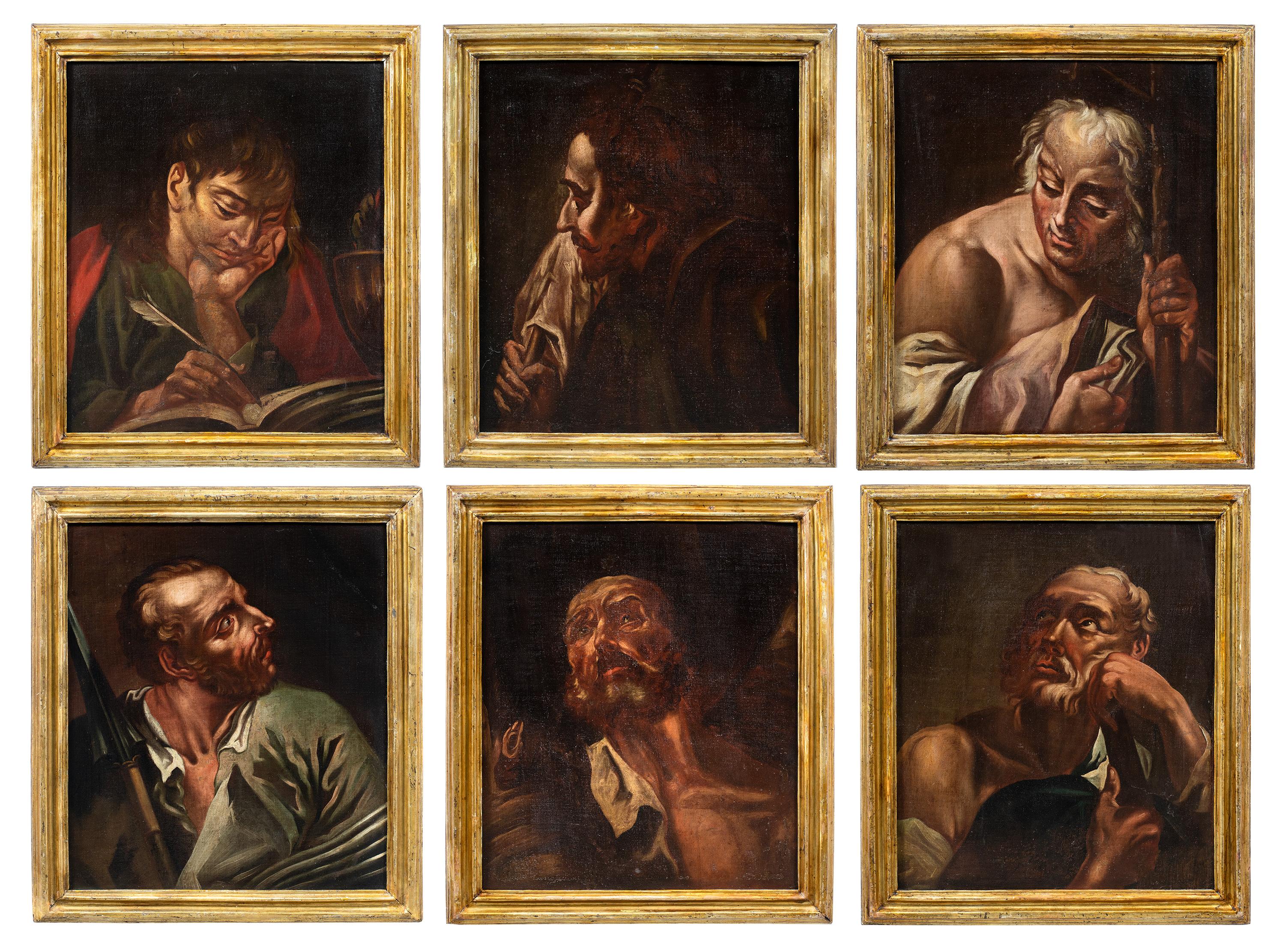 Giambattista Piazzetta (Venice 1683 - Venice 1754) circle of - Six Half-Length Apostles.

62.5 x 52.5 cm unframed, 72.5 x 62.5 cm with frames.

Group of six oil paintings on canvas, in contemporary 18th-century carved and gilded wooden frames (not