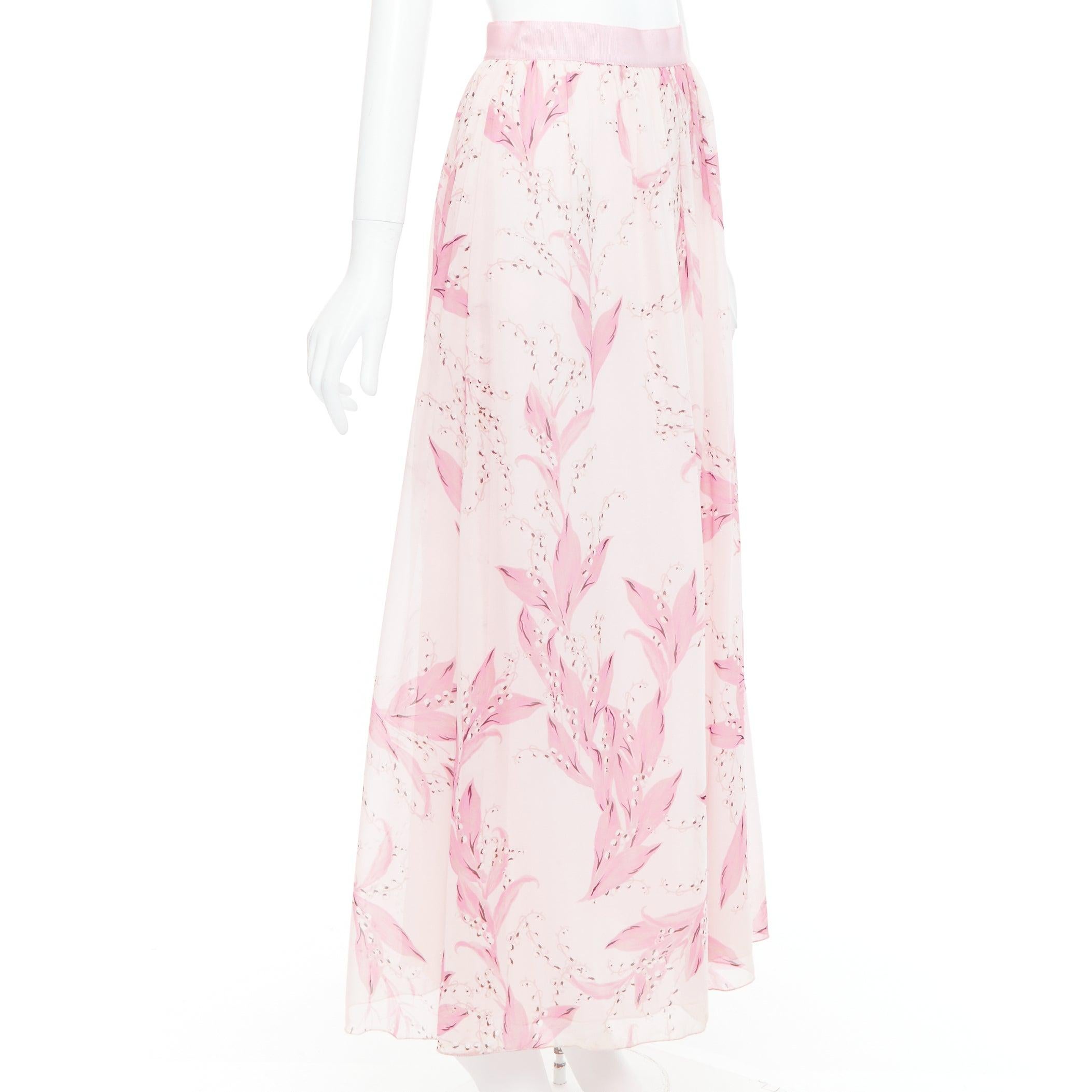 Beige GIAMBATTISTA VALLI 100% silk pink floral lily valley print midi skirt IT38 XXS For Sale