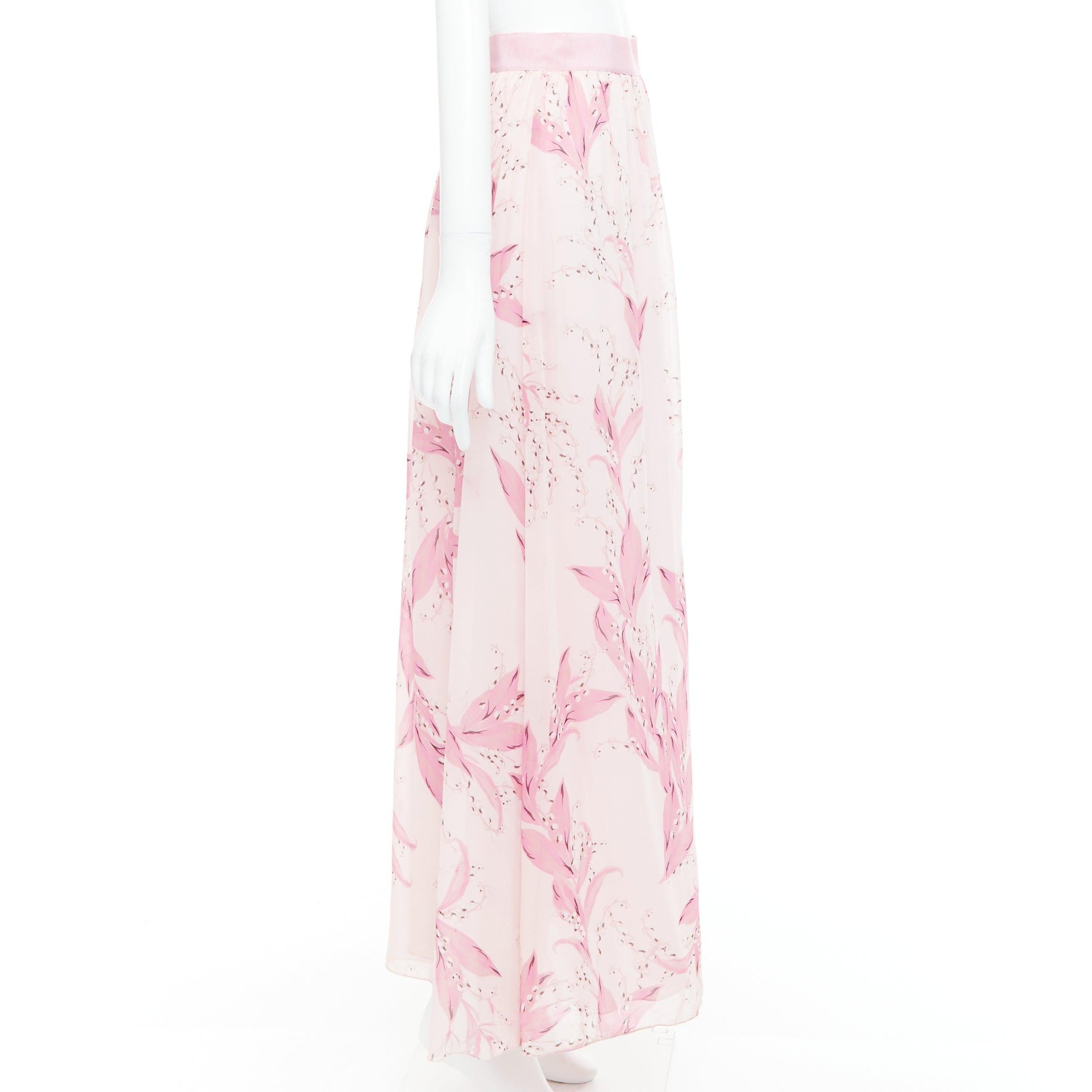 GIAMBATTISTA VALLI 100% silk pink floral lily valley print midi skirt IT38 XXS In Good Condition For Sale In Hong Kong, NT