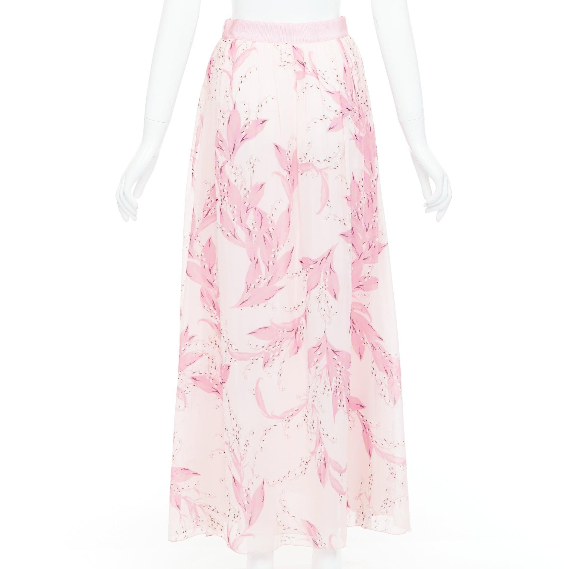 Women's GIAMBATTISTA VALLI 100% silk pink floral lily valley print midi skirt IT38 XXS For Sale