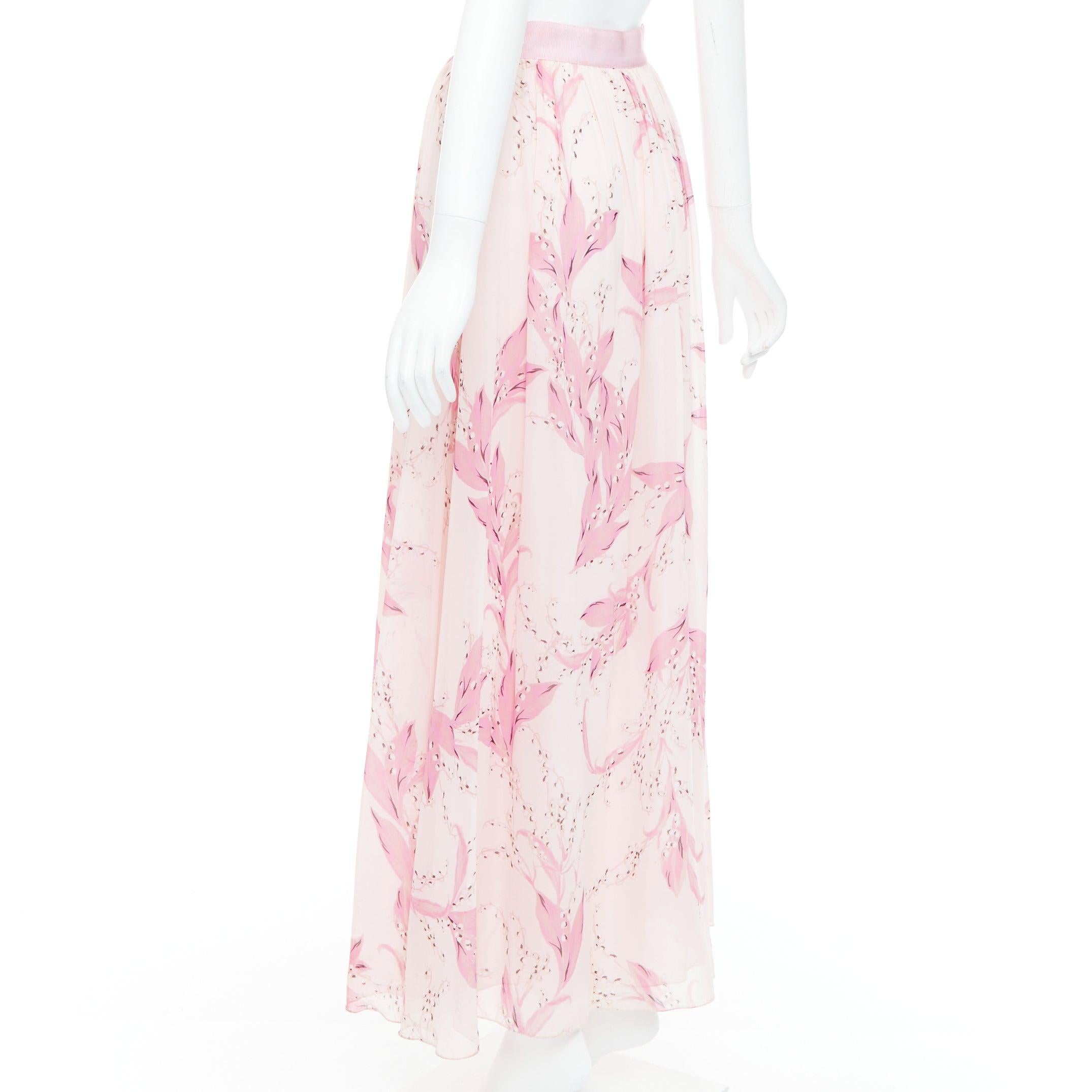 GIAMBATTISTA VALLI 100% silk pink floral lily valley print midi skirt IT38 XXS For Sale 1