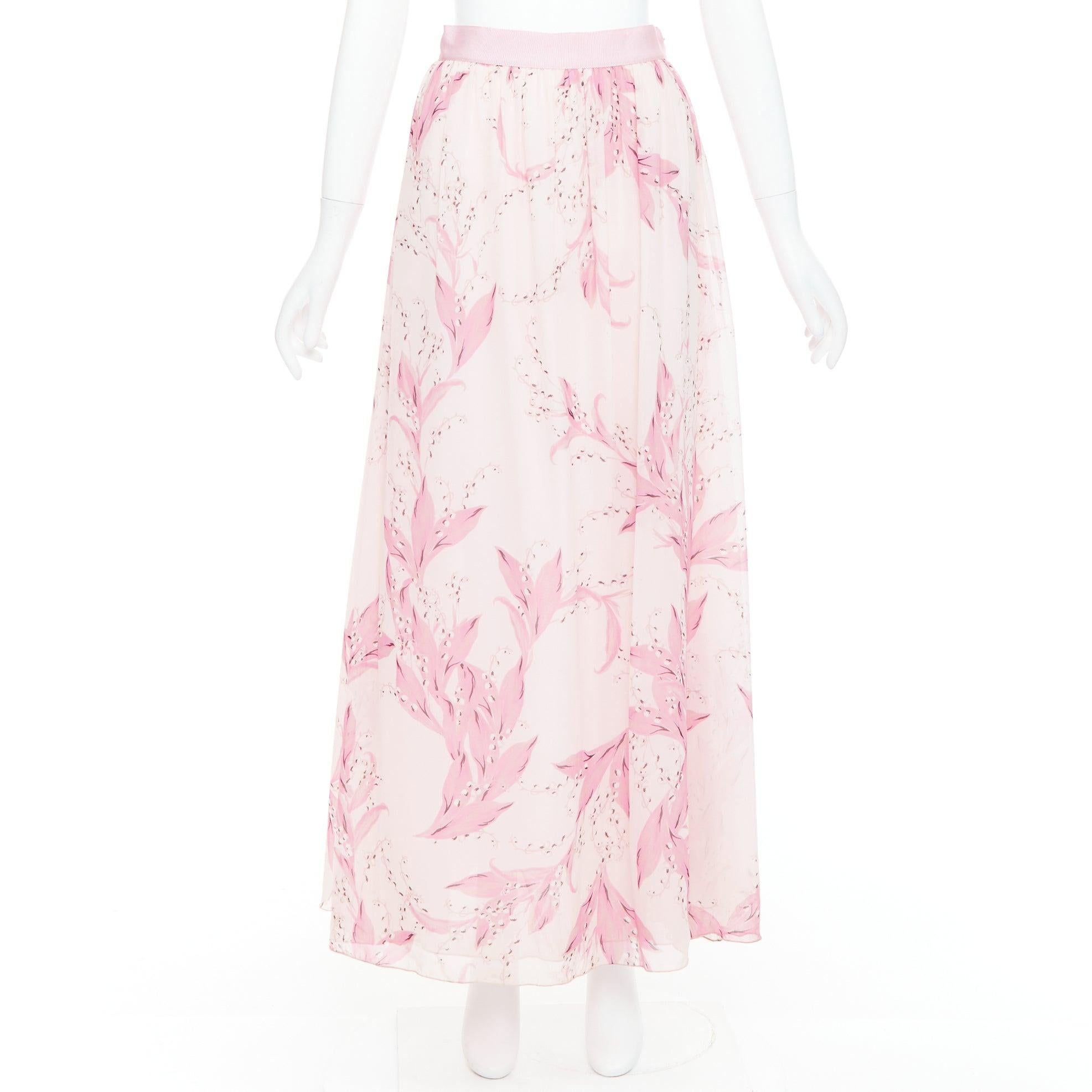 GIAMBATTISTA VALLI 100% silk pink floral lily valley print midi skirt IT38 XXS For Sale 4