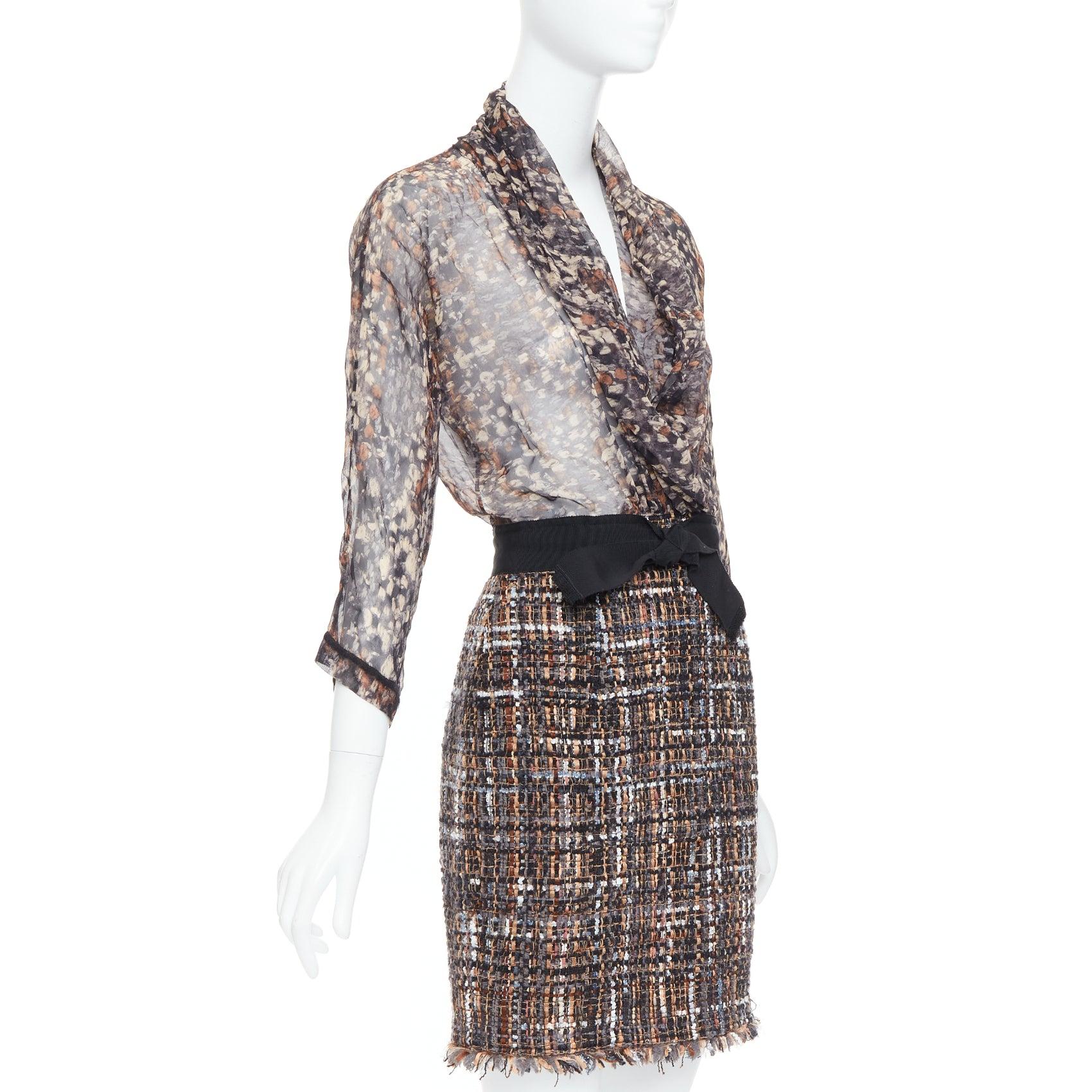 GIAMBATTISTA VALLI Vestido de contraste de tweed de seda pura mezcla de lana marrón 2010 IT40 S Gris en venta