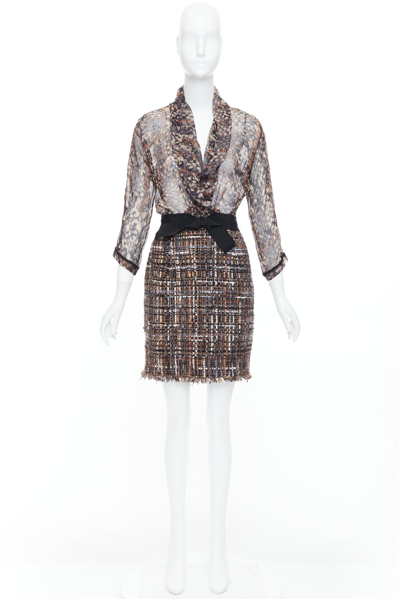 GIAMBATTISTA VALLI Vestido de contraste de tweed de seda pura mezcla de lana marrón 2010 IT40 S en venta 4