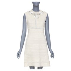 GIAMBATTISTA VALLI 2018 crystal embroidered neck ivory tweed dress IT40 XS
