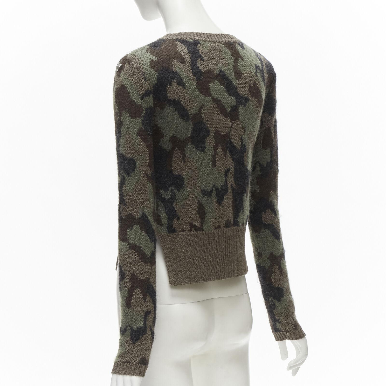 Women's GIAMBATTISTA VALLI 2021 green camo crystal embellished cropped sweater IT38 XS For Sale