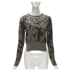 GIAMBATTISTA VALLI 2021 green camo crystal embellished cropped sweater IT38 XS