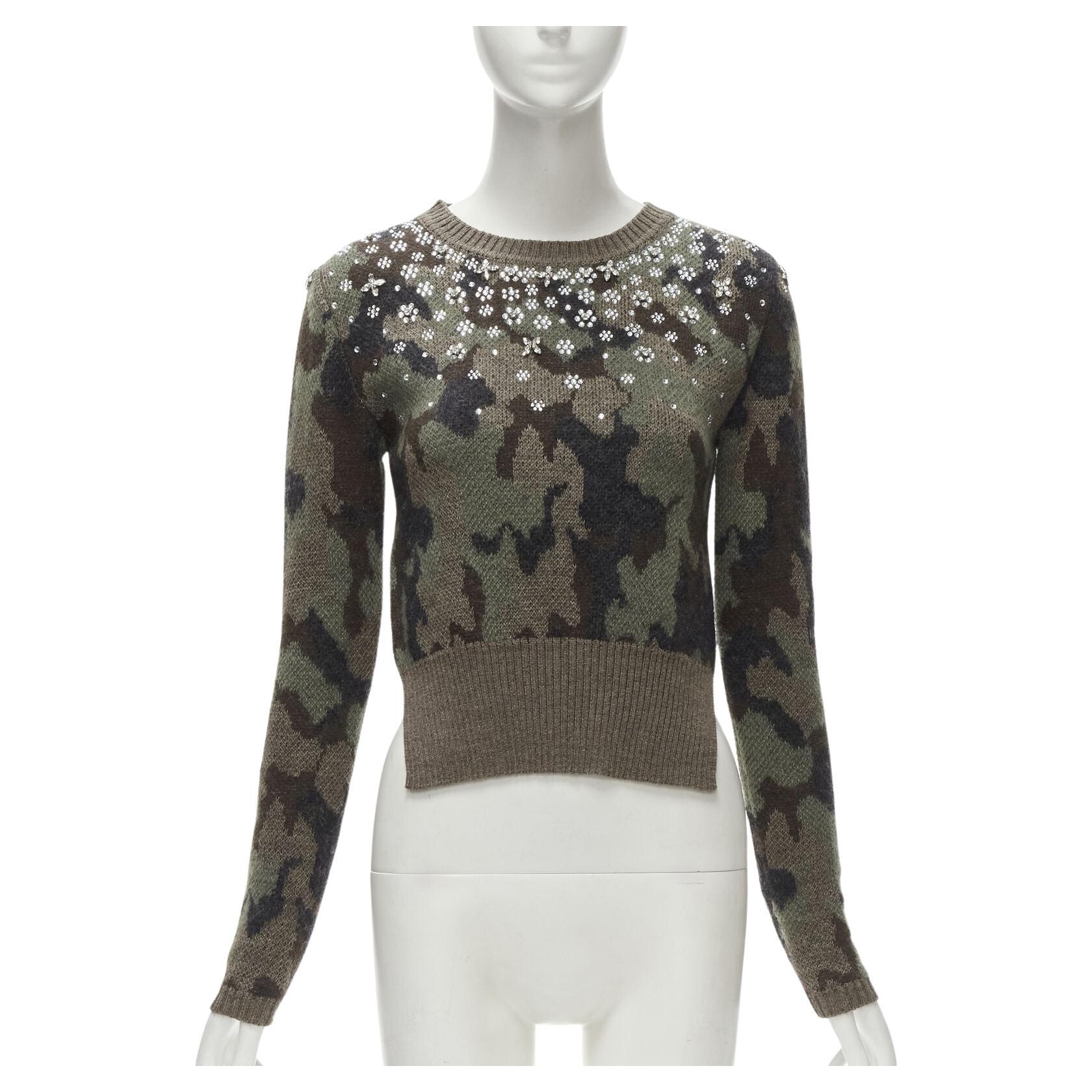 GIAMBATTISTA VALLI 2021 green camo crystal embellished cropped sweater IT38 XS For Sale
