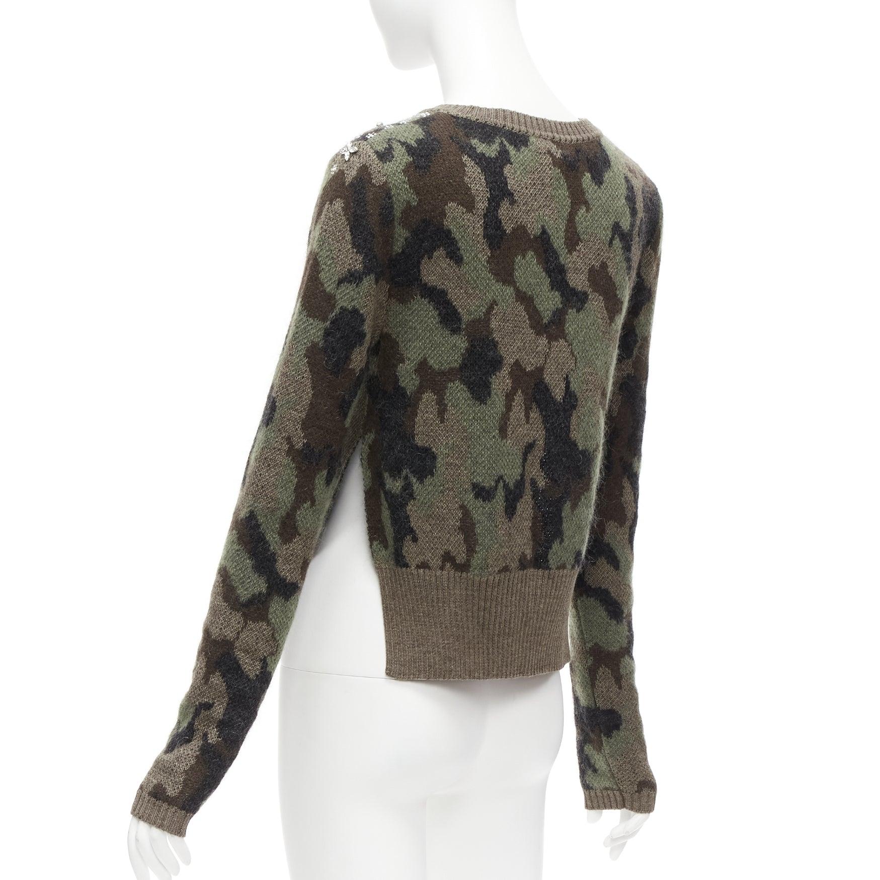GIAMBATTISTA VALLI 2021 green camouflage mohair crystal jewel sweater IT42 S For Sale 1
