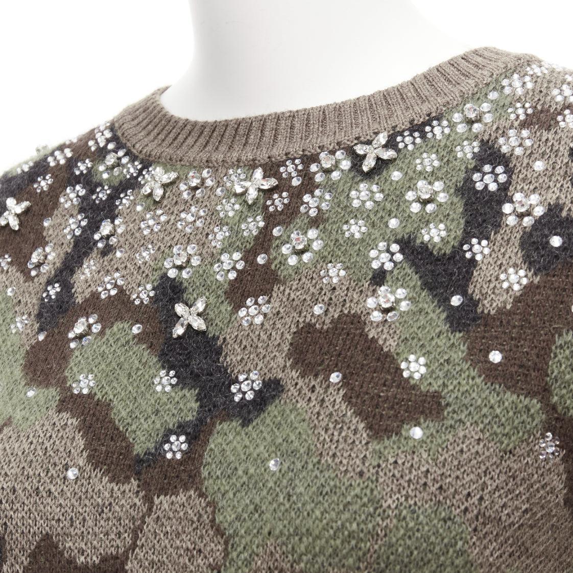 GIAMBATTISTA VALLI 2021 green camouflage mohair crystal jewel sweater IT42 S For Sale 2